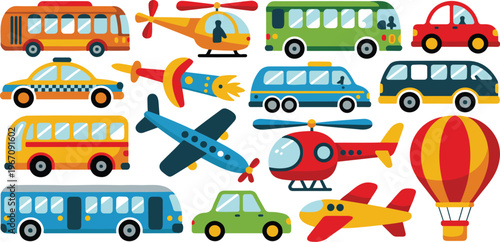 Childish transport set with cute cartoon train, taxi, car, plane, blimp, and hot air balloon in funny doodle style