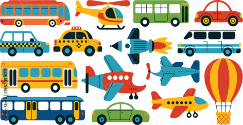 Childish transport set with cute cartoon train, taxi, car, plane, blimp, and hot air balloon in funny doodle style