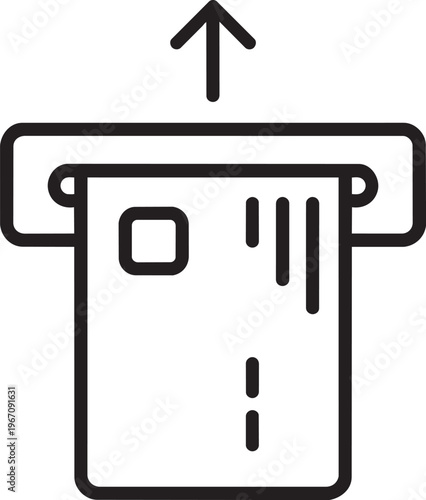 Credit or debit card being inserted into automated teller machine reader linear icon stroke vector graphic