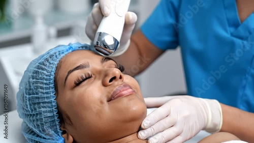 Cosmetologist Performing Facial Treatment With Modern Device on Woman's Forehead in Clinic
