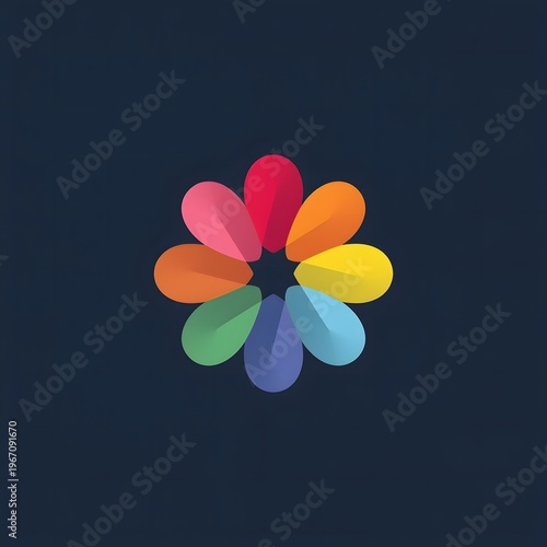 Colorful, abstract flower graphic with smooth petals against a  dark background studio composition isolated symbol element icon backdrop.