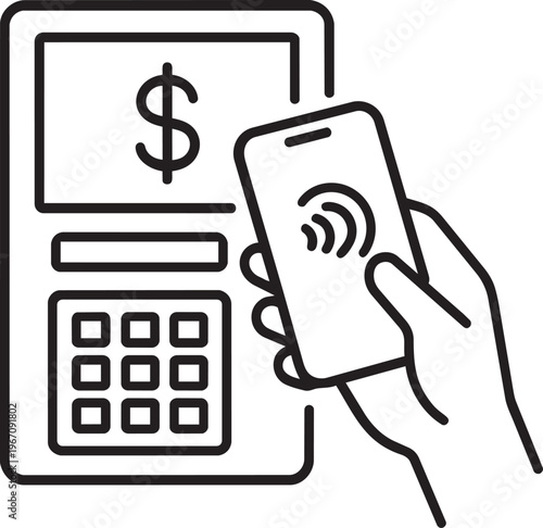 Hand holding smartphone near automated teller machine for contactless nfc payment linear icon stroke vector graphic