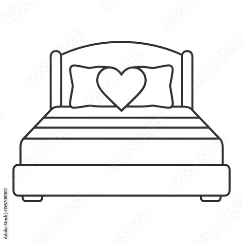 Bed with Heart Pillows Line Icon
