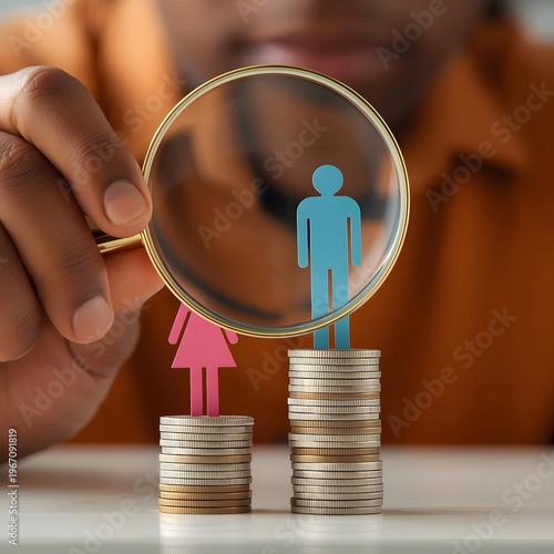 Examining gender pay gap using a magnifying glass and coin stacks.