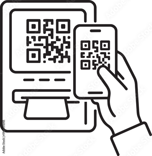 Human hand holding smartphone to scan qr code on atm screen linear icon stroke vector illustration