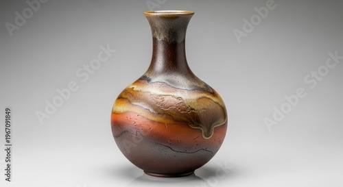 Ancient ceramic vessel with iridescent glazing and earthy color variations