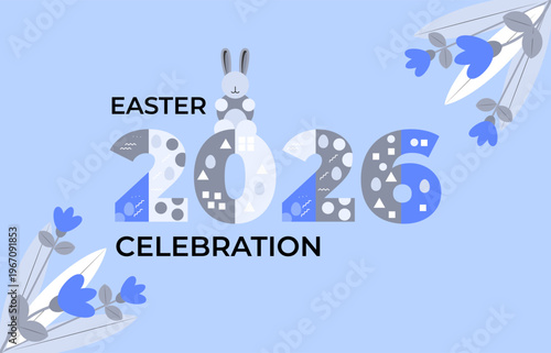 Minimal easter 2026 poster with floral corners and egg shapes