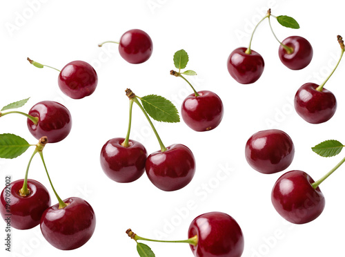 Scattered fresh red ripe cherries with green stems and leaves, naturally isolated PNG on transparent background, sweet fruit for healthy recipes