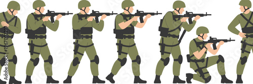 Military soldiers, tactical stances, combat training, rifle positions, army uniform, helmet gear, teamwork maneuvers, defense strategy, warfare illustration, security concept