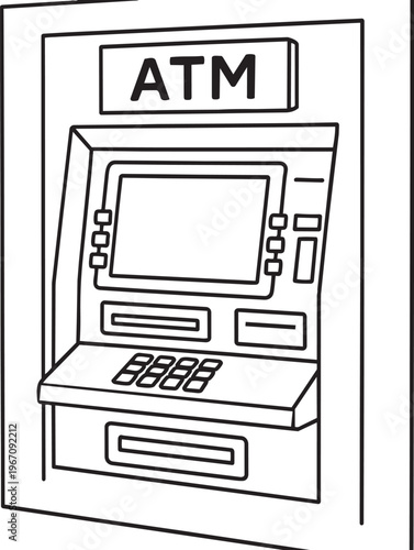 Close up view of automated teller machine monitor screen and numeric keypad linear icon vector illustration