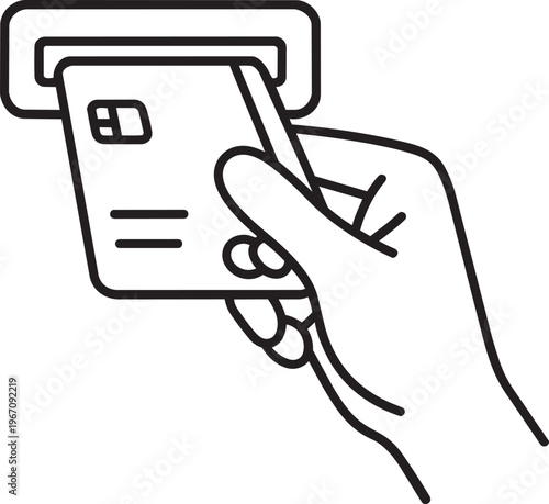 Hand holding plastic credit card approaching automated teller machine slot linear icon outline stroke vector design