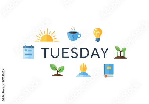 Optimizing Your Tuesday A Conceptual Illustration Featuring Icons for Daily Planning, Idea Cultivation, Morning Rituals, and Personal Development Journey