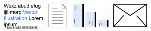 Marketing, business reports, email communication, data analysis, corporate strategy, infographic design. Document, bar chart and envelope icons in a clean layout. Marketing and business reports