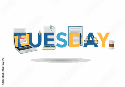 Productive Tuesday Workspace with Essential Office Supplies, Digital Tools, and Coffee for a Busy Work Week Day