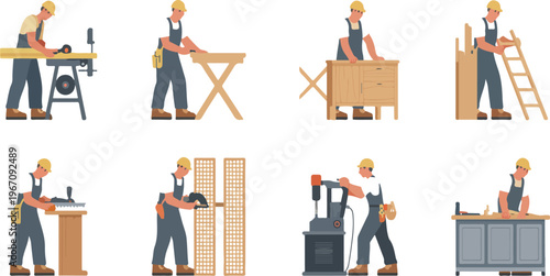 Carpenter working with wood and furniture using lumber equipment, sawing materials, showcasing woodworking and carpentry handcraft concept vector cartoon set