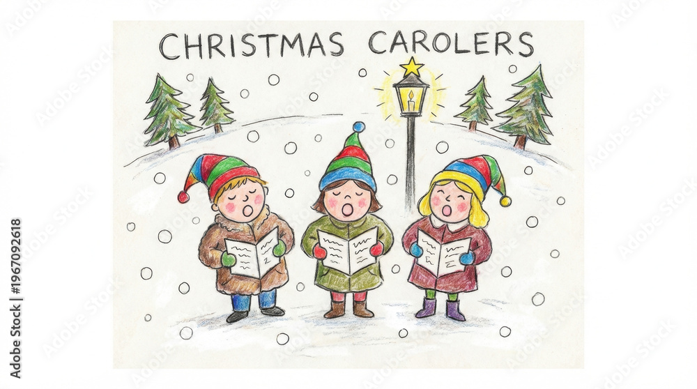 Fototapeta premium Cheerful group of children singing Christmas carols joyfully in snow near glowing lamp post surrounded by pine trees