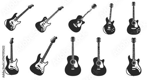Collection of black silhouette guitars electric acoustic and bass styles