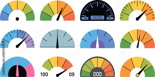 Speedometer set with score measuring indicators, arrows, and marks representing performance levels and gauge metrics vector illustration