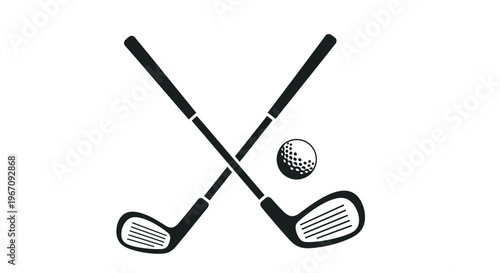 Black and white illustration of two golf clubs and a golf ball