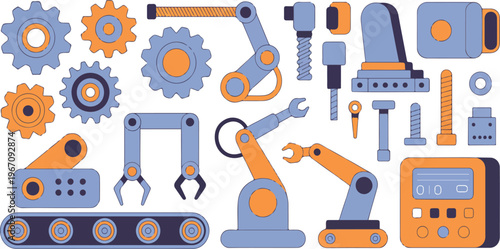 Machine elements set featuring gears, engine parts, transmission, hydraulic details, and industrial mechanism components in flat vector cartoon style