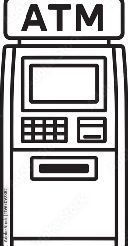 Tall standing automated teller machine terminal for banking transactions linear outline icon stroke vector graphic design
