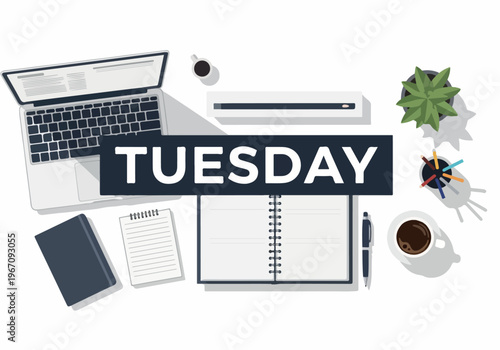 Productive Tuesday workday concept illustration featuring a tidy desk setup with a laptop, planner, and coffee, perfect for business and remote office tasks