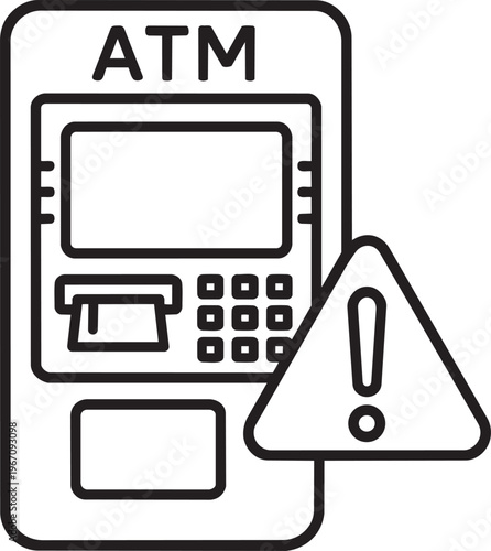 Automated teller machine with triangle warning exclamation error sign alert linear icon outline stroke vector illustration