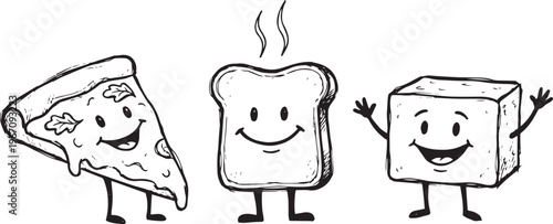 Smiling Food Characters of Pizza Slice, Toast, and Cheese Cube