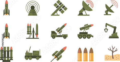 Military technology icons set, missile launcher illustration, radar satellite artwork, defense equipment vector, aerospace weapon graphic, war communication concept