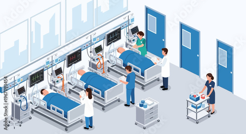 Hospital Intensive Care Unit with Patients and Medical Staff.