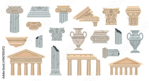 Collection of ancient architectural elements including columns and decorative fragments