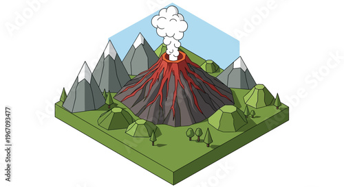 Volcano Erupting With Smoke And Lava Flow Illustration.