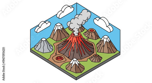 Volcanoes erupting and dormant in a landscape illustration.