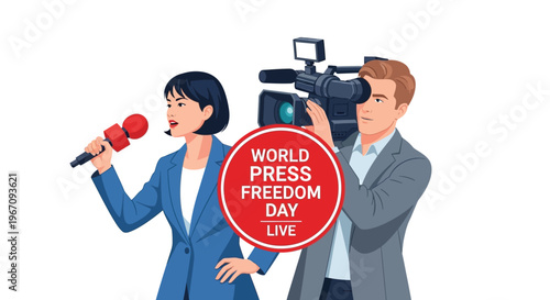 Journalists reporting live with a world press freedom day graphic