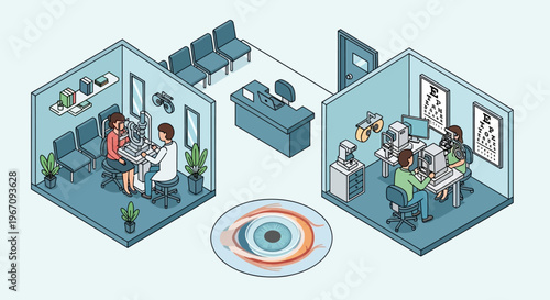 Optometry clinic examination rooms and waiting area isometric view.