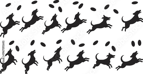 Dog playing fetch silhouette vector illustration jumping dogs catching frisbee pet activity movement sequence animal motion black isolated set