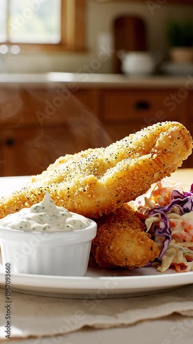 Delicious plate of fried fish and coleslaw.