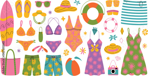 Summer beach items cartoon set with sunscreen towel flip flops sunglasses cocktail bikini seashell vacation elements vector illustration
