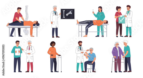 Illustrative depictions of medical consultations examinations and patient care