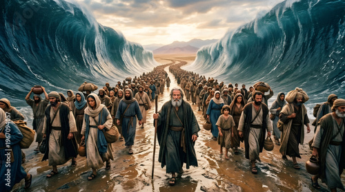 Moses leading a crowd of people through the parted Red Sea. Biblical scene depicting the Exodus. Historical religious event and faith concept representation with man, woman and child.