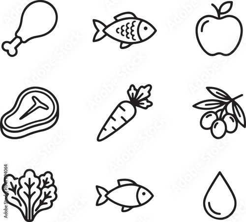 Vegetables Fruits Meat Fish Line Icons