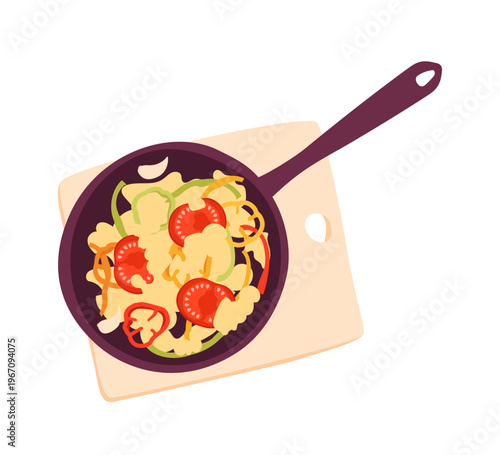 Scrambled eggs and vegetables on a frying pan. Healthy diet eating concept. Hand drawn vector illustration isolated on white.