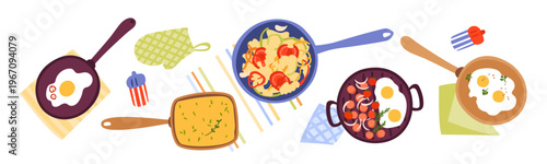 Different egg dishes in frying pans. Delicious breakfast set. Collection of hand drawn illustrations for recipes, flyers, menu design.