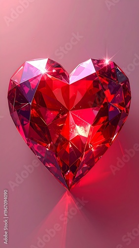A heart-shaped, faceted gemstone in shades of red. The gem sits on a gradient pink backdrop, catching the light and creating a brilliant sparkle