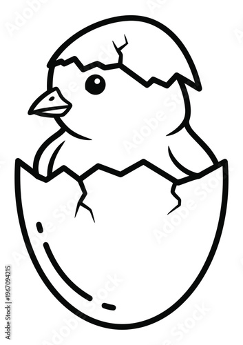Charming black and white illustration of a baby chick emerging from a cracked eggshell