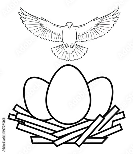 A symbolic illustration of new life bird in flight above nest with eggs