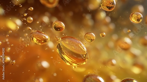 Golden liquid droplets suspended in amber fluid with macro abstract background.