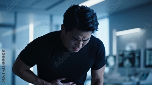 Man Clutching Stomach in Pain With Distressed Expression, Medical or Science Lab Setting