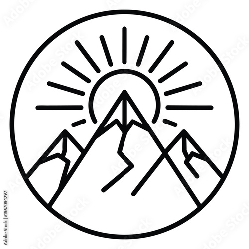 Minimalist circular emblem sun rising behind mountain peaks black and white design