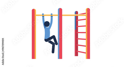 A stylized illustration of a person doing a pull up on playground bars